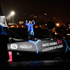 FORT DE FRANCE, MARTINIQUE - NOVEMBER 16 : Ocean Fifty Solidaires en Peloton, skippers Thibaut Vauchel-Camus and Quentin Vlamynck are taking 1st place during arrivals of the Transat Jacques Vabre in Fort de France, Martinique, on November 16, 2023. (photo by Jean-Louis Carli / Alea)